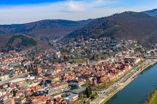 Aerial view of Old town on the banks of the Neckar from the west in Eberbach in the state Baden-Wuerttemberg, Germany
