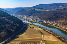Aerial view of Uferstraße B45 on the banks of the Neckar with GELITA AG in Eberbach in the state Baden-Wuerttemberg, Germany