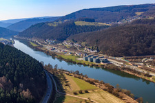 Aerial photograpy of Uferstraße B45 on the banks of the Neckar with GELITA AG in Eberbach in the state Baden-Wuerttemberg, Germany
