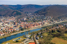 Oblique view of Old town on the banks of the Neckar from the west in Eberbach in the state Baden-Wuerttemberg, Germany