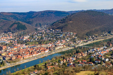 Old town on the banks of the Neckar from the west in Eberbach in the state Baden-Wuerttemberg, Germany from above