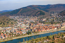 Old town on the banks of the Neckar from the west in Eberbach in the state Baden-Wuerttemberg, Germany out of the air