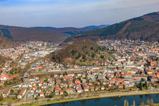 Old town on the banks of the Neckar from the west in Eberbach in the state Baden-Wuerttemberg, Germany seen from above