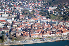 Aerial view of Village on the banks of the area Neckar - river course in Eberbach in the state Baden-Wurttemberg