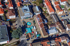 City administration Eberbach at Leopoldsplatz with coat of arms fountain and market stalls in Eberbach in the state Baden-Wuerttemberg, Germany