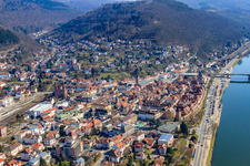 Old town on the banks of the Neckar with Uferstraße from the northwest in Eberbach in the state Baden-Wuerttemberg, Germany