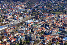 Old town at the train station with the church of St. John Nepomuk from the northwest in Eberbach in the state Baden-Wuerttemberg, Germany