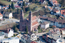 Aerial view of Church building of es Nepomuk Old Town- center of downtown in Eberbach in the state Baden-Wurttemberg