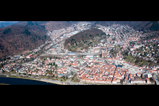 Aerial view of Panoramic perspective of Village on the banks of the area Neckar - river course in Eberbach in the state Baden-Wurttemberg