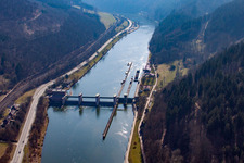 Aerial view of Neckar barrage and lock Rockenau in the district Rockenau in Eberbach in the state Baden-Wuerttemberg, Germany