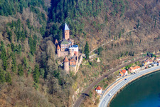 Aerial view of Castle Zwingenberg above the Neckar from the west in Zwingenberg in the state Baden-Wuerttemberg, Germany