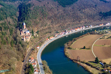 Aerial photograpy of Castle Zwingenberg above the Neckar from the west in Zwingenberg in the state Baden-Wuerttemberg, Germany