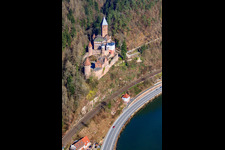 Oblique view of Castle Zwingenberg above the Neckar from the west in Zwingenberg in the state Baden-Wuerttemberg, Germany