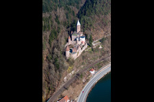 Aerial photograpy of Castle of Zwingenberg above the Neckar in Zwingenberg in the state Baden-Wurttemberg, Germany