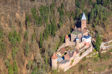 Castle Zwingenberg above the Neckar from the west in Zwingenberg in the state Baden-Wuerttemberg, Germany from above