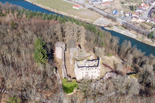 Aerial view of Ruins and remains of the walls of the former castle and fortress Minneburg above the Neckar in the district Neckarkatzenbach in Neunkirchen in the state Baden-Wuerttemberg, Germany