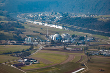 Aerial view of Nuclear power plant Obrigheim - still on the grid in Obrigheim in the state Baden-Wuerttemberg, Germany