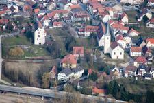 Churches building the chapel Tempelhaus Neckarelz in the district Neckarelz in Mosbach in the state Baden-Wurttemberg from above