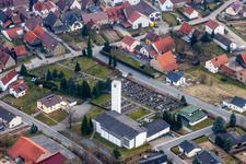 Church tower and tower roof at the church building of Kath. Gemeinde in the district Richen in Eppingen in the state Baden-Wurttemberg, Germany
