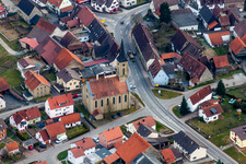 Church tower and tower roof at the church building of of Evangelisches Pfarrei in Eppingen-Richen in the state Baden-Wurttemberg, Germany