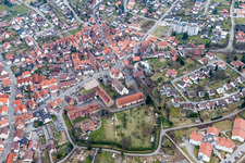 Laurentius Church, the parish hall and the witch tower in Oberderdingen in the state Baden-Wuerttemberg, Germany