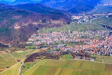 Aerial view of Wine-growing village on the edge of the Haardt below the ruins of Landeck from the southeast in Klingenmünster in the state Rhineland-Palatinate, Germany