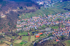 Aerial photograpy of Wine-growing village on the edge of the Haardt below the ruins of Landeck from the southeast in Klingenmünster in the state Rhineland-Palatinate, Germany