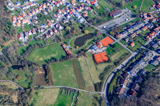 Aerial view of Diving group Klingenmünster at Klingbachweiher and Tennis Club Klingenmünster in Klingenmünster in the state Rhineland-Palatinate, Germany