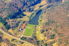 RV park and football pitch of SV Silz at Lake Silzer in Silz in the state Rhineland-Palatinate, Germany
