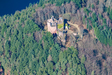 Aerial view of Ruins and vestiges of the former castle and fortress Burgruine Neudahn in Dahn in the state Rhineland-Palatinate