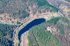 Aerial photograpy of Ruins and vestiges of the former castle and fortress Burgruine Neudahn in Dahn in the state Rhineland-Palatinate