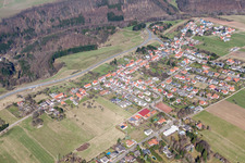 Village - view on the edge of agricultural fields and farmland in Obersimten in the state Rhineland-Palatinate, Germany