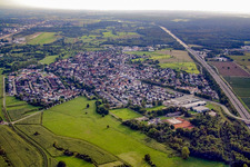 View of the town from the north along the A5 motorway in the district Sandweier in Baden-Baden in the state Baden-Wuerttemberg, Germany