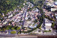 Aerial view of Ooser Bahnhofstr in the district Oos in Baden-Baden in the state Baden-Wuerttemberg, Germany