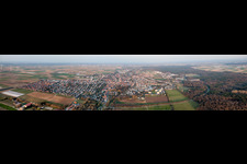 Aerial photograpy of Panoramic perspective Town View of the streets and houses of the residential areas in Herxheim bei Landau (Pfalz) in the state Rhineland-Palatinate, Germany