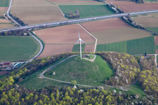 Aerial view of Wind turbine windmills on a field in the district Korntal in Korntal-Muenchingen in the state Baden-Wurttemberg
