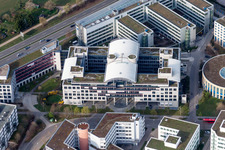 Aerial view of Administration building of the company of Dr. Ing. h.c. F. Porsche AG in Weilimdorf in the state Baden-Wurttemberg, Germany