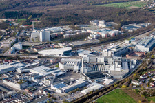 Aerial photograpy of Industrial monument of the technical plants and production halls and the Porsche Museum in Zuffenhausen in the state Baden-Wurttemberg, Germany