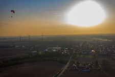 Aerial view of Paraglider over the wind farm Minfeld in Minfeld in the state Rhineland-Palatinate, Germany