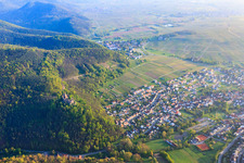 View of the town below the Landeck castle ruins in Klingenmünster in the state Rhineland-Palatinate, Germany