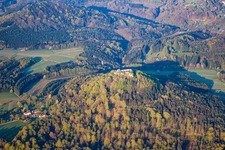 Lindelbrunn Castle Ruins in Vorderweidenthal in the state Rhineland-Palatinate, Germany from above
