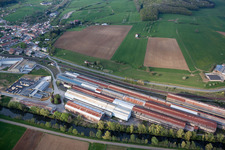 Aerial view of Railway depot and repair shop for maintenance and repair of trains in Blagny in Alsace-Champagne-Ardenne-Lorraine, France