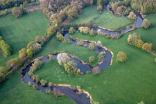 Curved loop of the riparian zones on the course of the river Oise in Chigny in Hauts-de-France, France