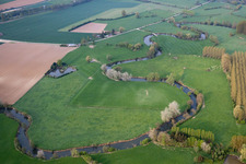 Aerial view of Curved loop of the riparian zones on the course of the river Oise in Chigny in Hauts-de-France, France