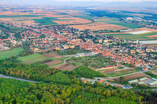 Aerial view of City view from the southeast with motorway exit Kandel Mitte of the A65 in Kandel in the state Rhineland-Palatinate, Germany