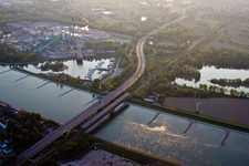 Routing and traffic lanes over the highway bridge in the motorway A 10 crossing the rhine in Woerth am Rhein in the state Rhineland-Palatinate
