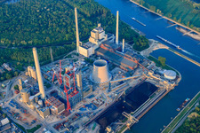 Drone image of Construction site for the expansion of the Rhine port steam power plant Karlsruhe of EnBW Energie Baden-Württemberg AG in the district Daxlanden in Karlsruhe in the state Baden-Wuerttemberg, Germany
