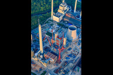 Construction site for the expansion of the Rhine port steam power plant Karlsruhe of EnBW Energie Baden-Württemberg AG in the district Daxlanden in Karlsruhe in the state Baden-Wuerttemberg, Germany from the drone perspective