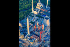 Construction site for the expansion of the Rhine port steam power plant Karlsruhe of EnBW Energie Baden-Württemberg AG in the district Daxlanden in Karlsruhe in the state Baden-Wuerttemberg, Germany from a drone