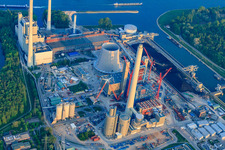 Aerial view of Construction site for the expansion of the Rhine port steam power plant Karlsruhe of EnBW Energie Baden-Württemberg AG in the district Daxlanden in Karlsruhe in the state Baden-Wuerttemberg, Germany